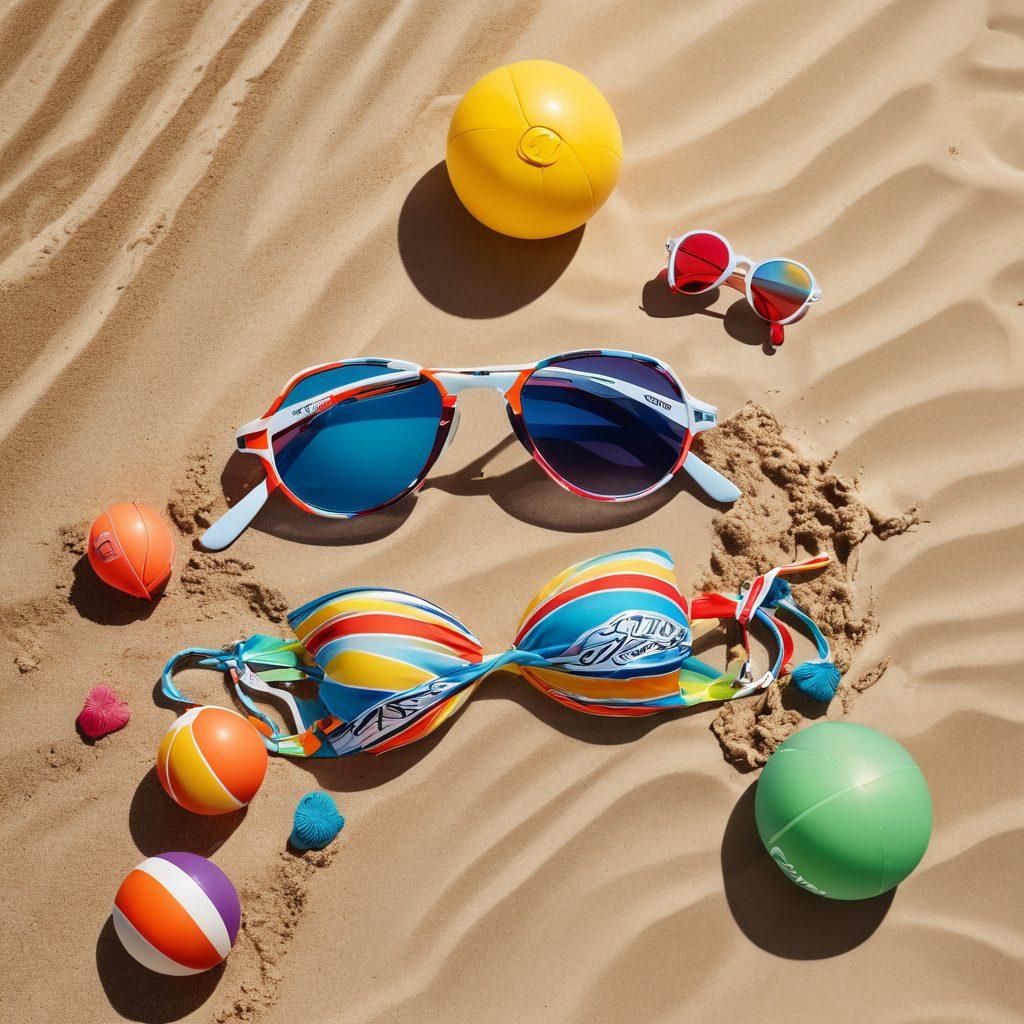 A vibrant display of women's swimwear lined up on a sandy beach, each piece uniquely adorned with flowing, colorful custom logos. The scene captures the essence of summer, with sun-kissed skin, ocean waves in the background, and playful beach accessories like sunglasses and beach balls. Highlight the creativity in brand identity through the variety of logo designs, from minimalist to bold artistic expressions. The mood is lively, evoking feelings of freedom and confidence. super-realistic. vibrant colors. beach setting.